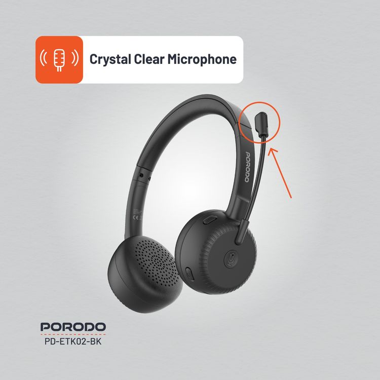 Porodo Office Wireless Headset with 20 Hours Working Time, Mute Button, Crystal Clear Microphone, USB-C Charging Port, 1 Hour Charging Time, Bluetooth Version 5.3 - Black