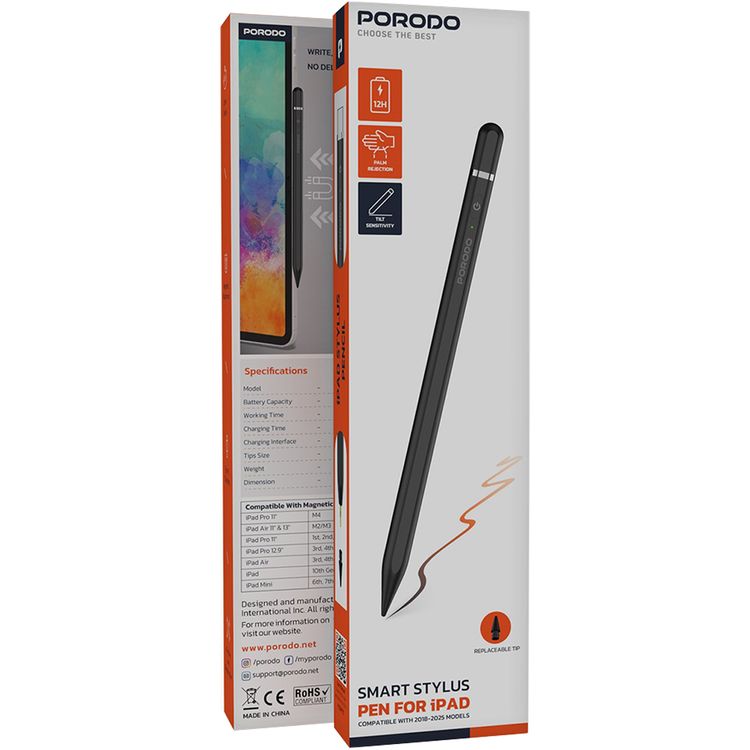 Porodo Smart Stylus Pen for iPad, Replaceable Tip, 1.7mm Tip Size, Type-C Charging Interface, 140mAh Battery Capacity, 40 Minutes Charging Time, 10-12 Hours Working Time, Magnetic Attachment, Zero Delay - Black