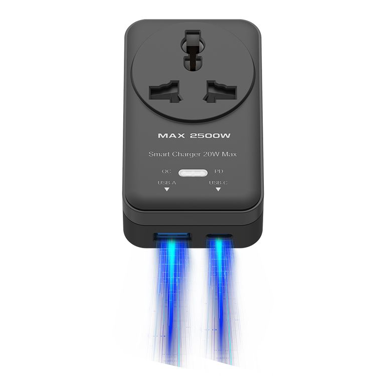 Porodo Velocitas مقبس حائط AC عالمي مع شحن سريع بقوة 20 واط، مقبس حائط AC، واجهات شحن USB-C و USB-A، قوة مقيَّمة 2500 واط، جهد مقيَّم من 100-250 فولت - أسود