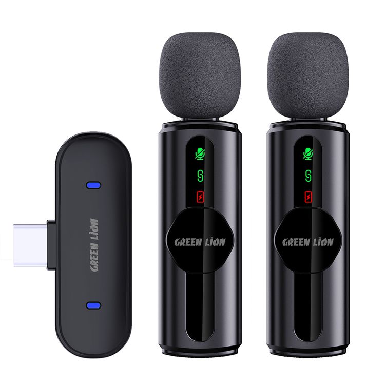 Green Lion GM-76X Microphone with 3-Level Noise Cancellation, 5 Hours Working Time, Less than 30 Milliseconds Latency, Dual Microphones, USB-A, Type-C & Lightning Connectors - Black