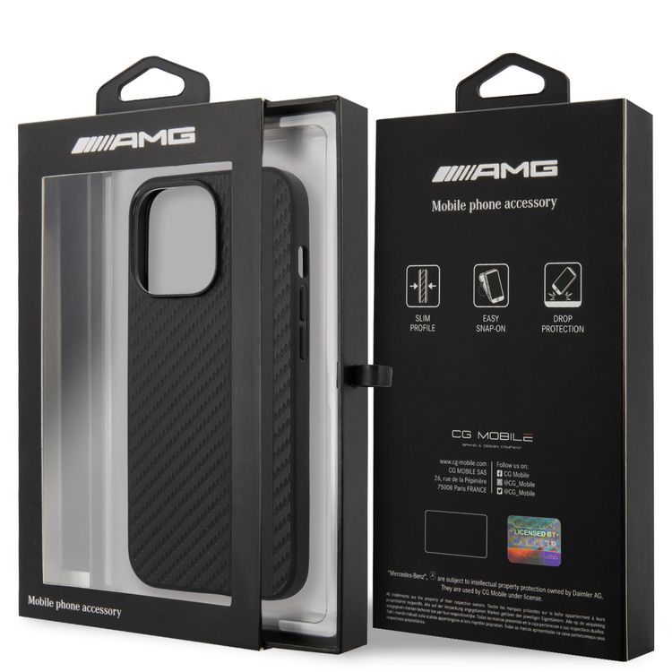CG MOBILE AMG PC/TPU Case with PU Carbon Effect Gray Leather Stripe & Hot Stamped Logo Compatible for iPhone 13 Pro (6.1") Easy Access to All Ports