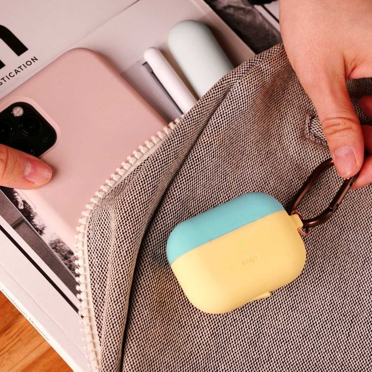 جراب Elago Duo معلق لسماعات Apple Airpods Pro - أزرق مرجاني علوي / أزرق ليلي ، أصفر كريمي سفلي