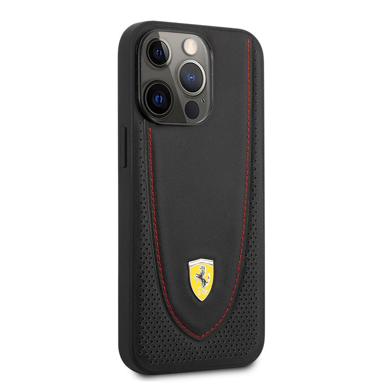 CG MOBILE Ferrari Genuine Leather Hard Case with Curved Line Stitched & Perforated Leather Compatible for iPhone 13 Pro Max (6.7") Shock & Scratches Resistant