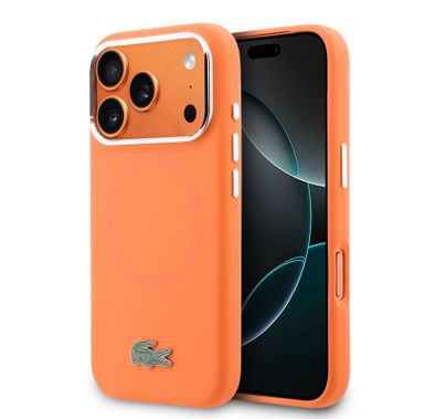 Lacoste MagSafe Silicone Case with Metal Logo for iPhone 17 Pro Max, Easy Snap-On, Drop Protection, Durable Material, Slim Profile - Orange