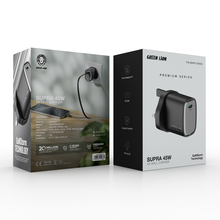 Green Lion Supra 45W GaN USB-C Wall Charger with UK 3-Pin Plug, PPS 40W, Charging Protection, Flame-Retardant PC Material, PD 45W Fast Charging - Black / Gray