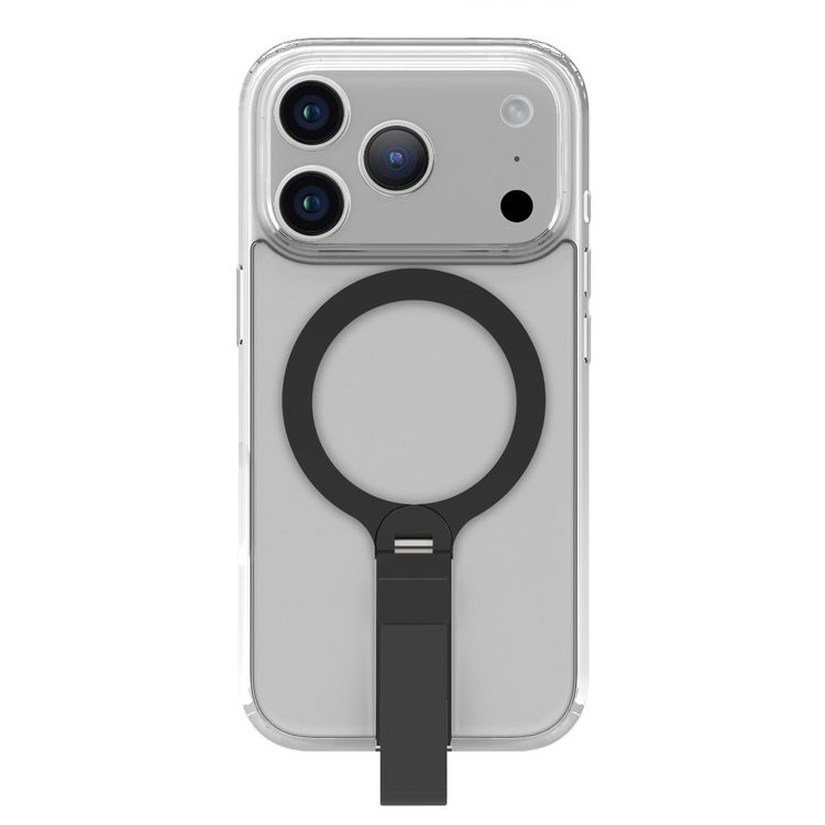 Levelo Spira MagSafe Clear Grip Case for iPhone 17 Pro Max, Strong Magnets, Horizontal & Vertical Viewing, Shock-Resistant Bumper, Anti-Scratch, 360° Rotating Metal Kickstand - Phantom Black