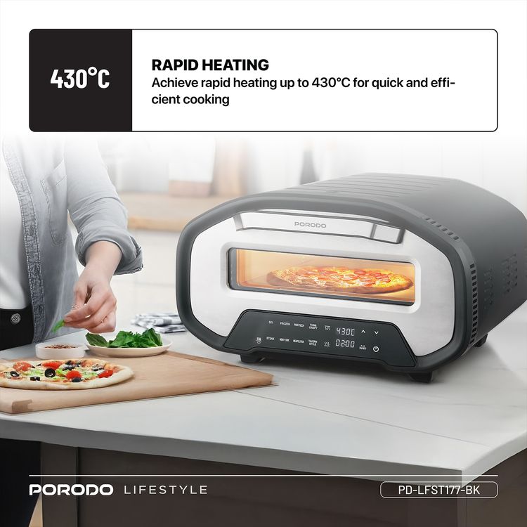 Porodo 12" Indoor Electric Pizza Maker with 7 Preset Programs, 80-430°C Temperature Control, 2200W Rated Power, Up to 60 Minutes Timer, Digital Display, Interior Lighting - Black