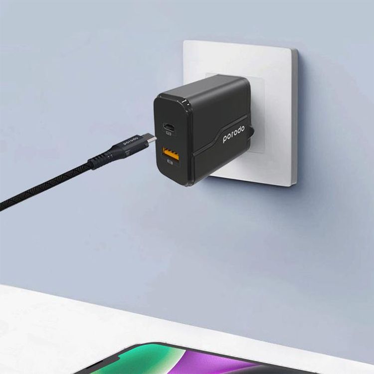 Porodo Dual Port Wall Charger with Type-C to Lightning Cable, 20W Power Delivery, QC 18W, Fire Retardant Material, Overcurrent Protection, UK 3-Pin Plug, Built-in Protective Mechanisms - Black