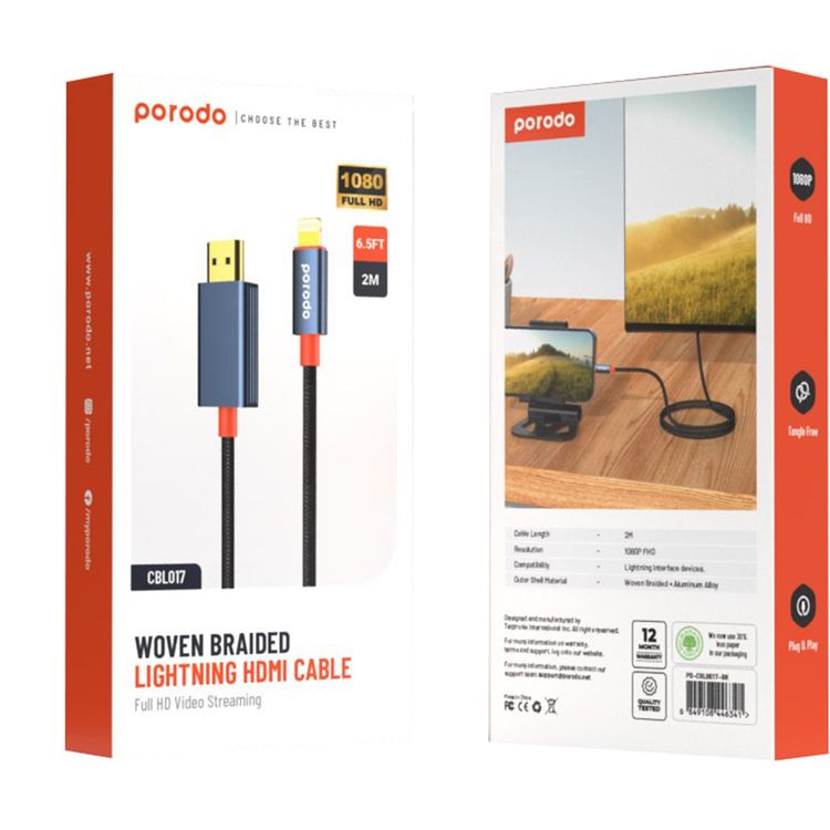 كابل بورودو المصنوع من سبائك الألومنيوم من لايتنينج إلى HDMI، بطول 2 متر، ودقة 1080 بكسل عالية الدقة، وتوصيل وتشغيل، وخالي من التشابك - أسود