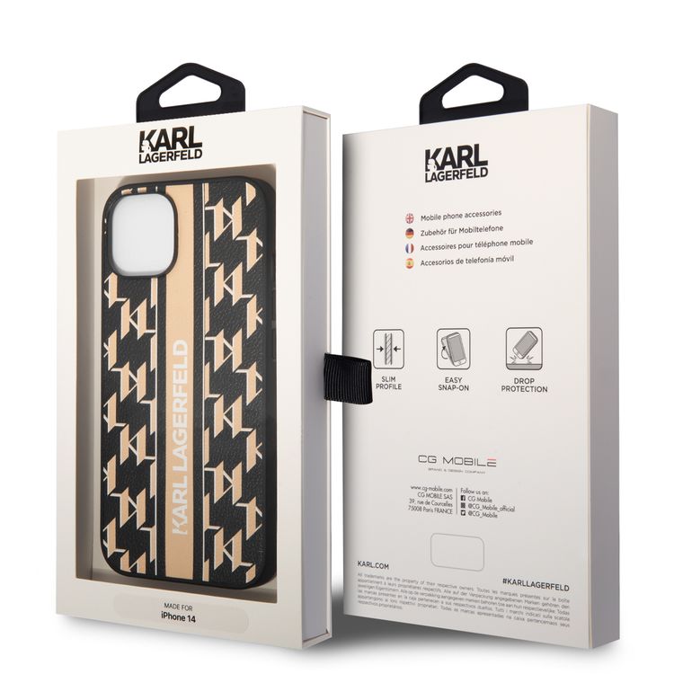 Karl Lagerfeld Grained PU Leather Case with Monogram Pattern & Vertical Logo Compatble iPhone 14 Compatibility - Brown