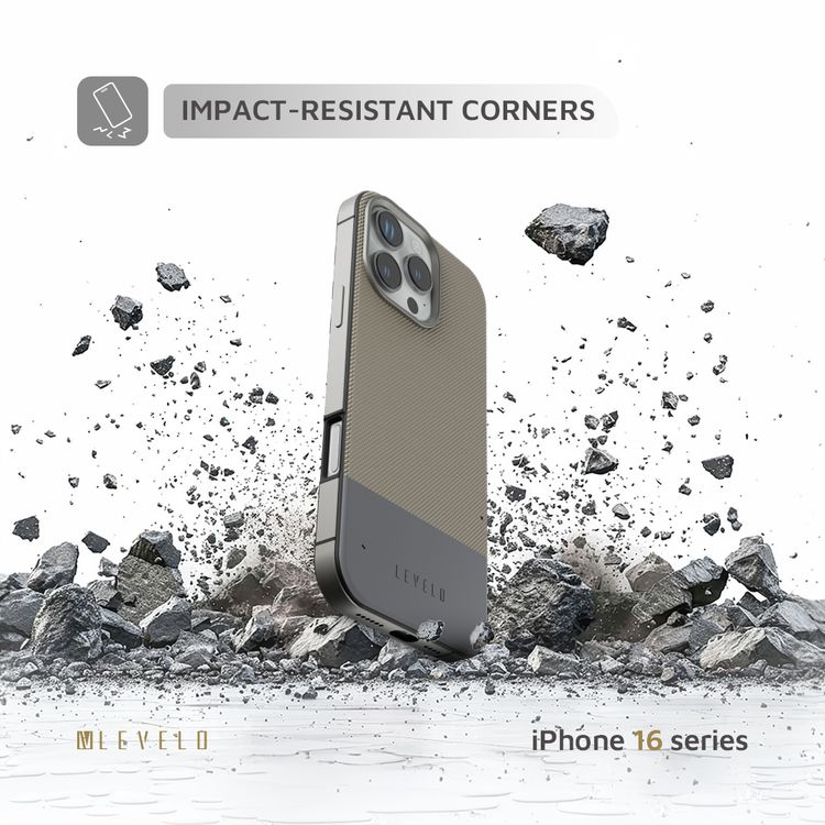 Levelo Cuir Two Tone Leather Case For iPhone 16 Pro, Durable, Compact Design, MagSafe Compatible, Hybrid Case, Impact-Resistant Corners , Aluminum Bumper Finish, High Quality Material - Gray