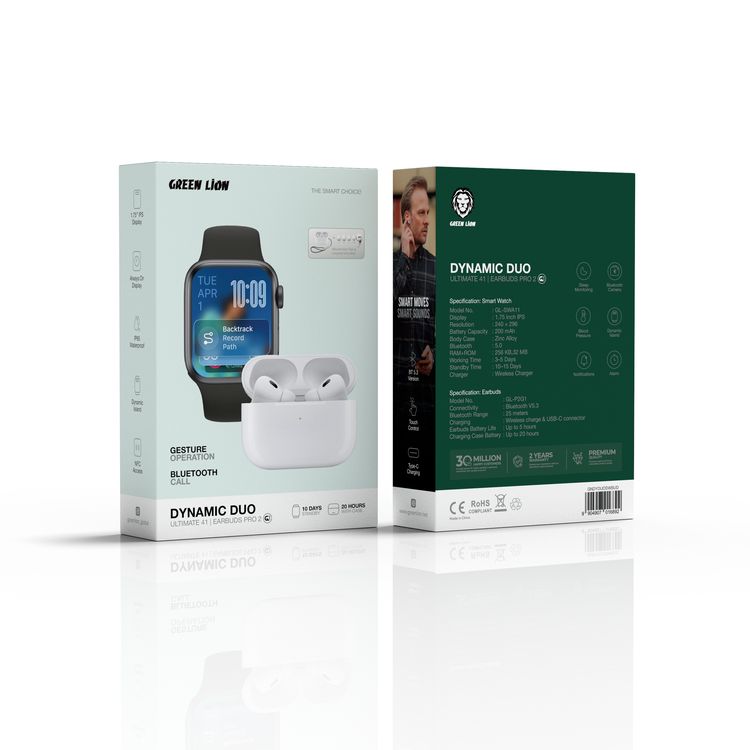 Green Lion Dynamic Duo - Ultimate 41 Smart Watch and Earbuds Pro 2, Bluetooth V5.3, Always-On Display, 1.75” IPS Display, IP65 Waterproof, Gesture Operation, Bluetooth Call & Camera, Dynamic Island, 3-5 Days Smart Watch Working Time, 5 Hours Earbuds Battery Life - Black & White
