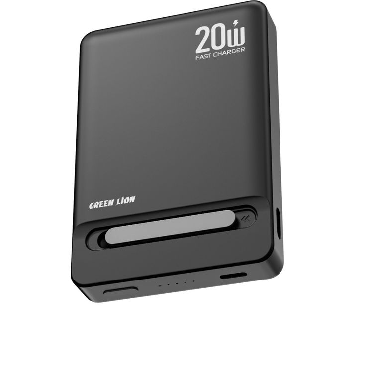 Green Lion Bond Power Bank 10000mAh with Safety Protections, Durable Braided Cable, Strong Magnets , Detachable Type-C Cable, Built In Stand, MagSafe Compatibility, Ultra-Slim Design - Black