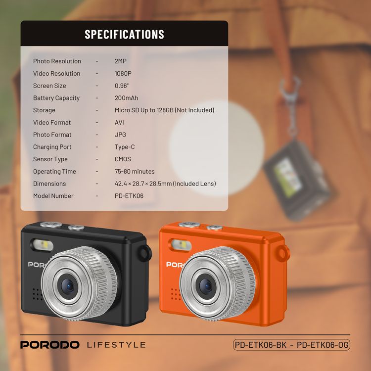 Porodo Mini Digital Camera with 0.96" HD Screen, 6 Color Filters, 2MP Photo Resolution, 1080 Pixels Video Resolution, 75-80 Minutes Operating Time, 200mAh Battery Capacity, Type-C Charging Port, Instant Webcam Function - Black