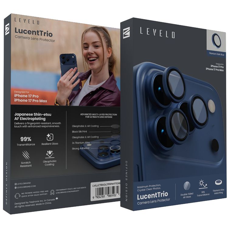 Levelo LucentTrio Camera Lens Protector with 99%  Transmittance for iPhone 17 Pro / 17 Pro Max, Anti-Fingerprint, Anti-Scratch, Double-Sided AR Glass, Oleophobic Coating, Multi-Layer Protection, Strong Adhesive - Titanium Blue