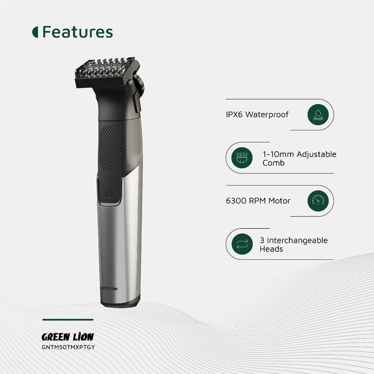 Green Lion 3-in-1 Expert Hair Trimmer & Shaver, 1.5 Hours Working Time, 1-10 mm Adjustable Comb, Corded & Cordless Use, Travel Lock, Digital Display, 600mAh Battery, 5W Power - Gray