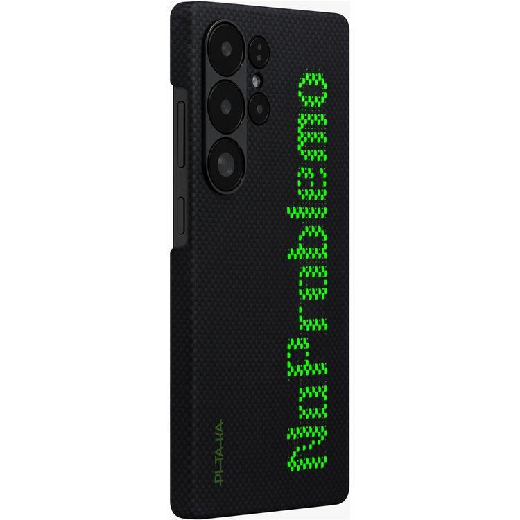 Pitaka Aries Tactile Woven Case for Samsung Galaxy S25 Ultra, Glow In The Dark, Aramid fiber & Lumintex™ Technology, Featherweight & Slim -Black/Gray with Text No Problemo
