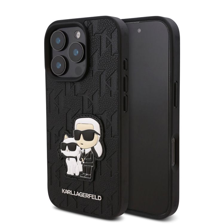 Karl Lagerfeld PU Hard Case for iPhone 16 Pro Max with Monogram Karl & Choupette Patch, Slim Profile, Drop Protection, Lightweight, Comfortable Grip, Easy Snap-on - Black