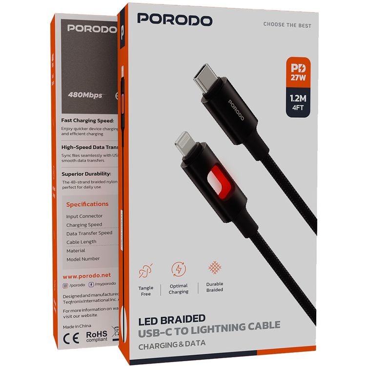 كابل بورودو LED مجدول من نوع USB-C إلى Lightning مع توصيل طاقة بقوة 27 واط، طول الكابل 1.2 متر، تصميم خالي من التشابك، نقل بيانات عالي السرعة، سرعة شحن سريعة، متانة فائقة - باللون الأسود.