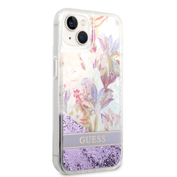Guess Liquid Glitter Case with Flower Pattern Extra Shine Smooth Touch Feel iPhone 14 Compatibility - Purple