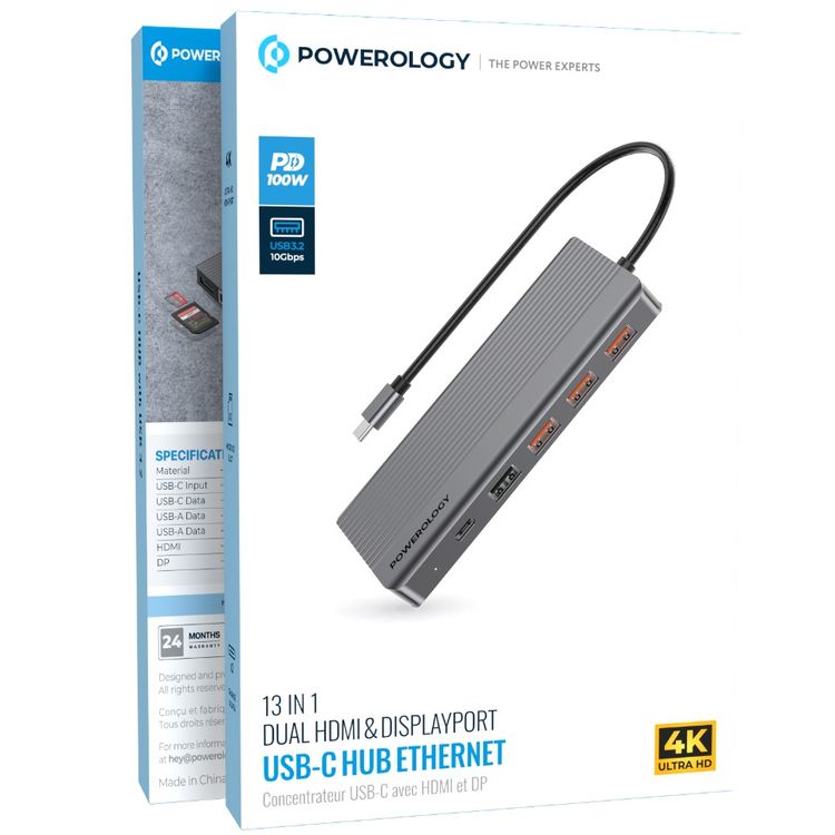 Powerology 13-in-1 USB-C Hub, 4K, HDMI, Type-C, 100W PD, Ethernet, USB SD MicroSD, 3.5 AUX - Gray
