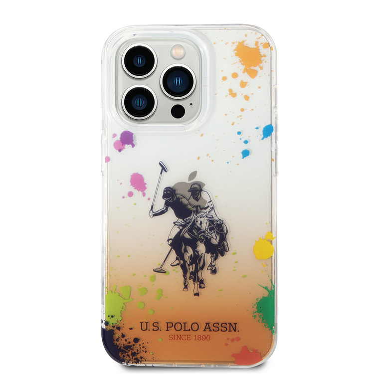 USPA PC/TPU Gradient Case with Splattered Pattern & Horse Logo iPhone 14 Pro Compatibility - Orange