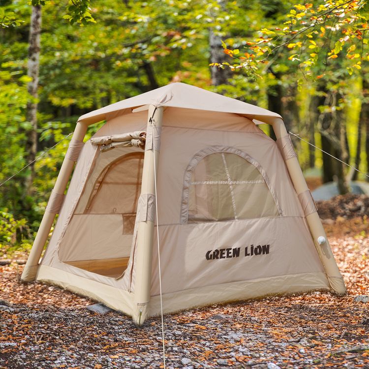 Green Lion GT-3X Inflatable Camping Tent with 2-3 Persons Capacity, Water Resistant, Dual Door Convenience, 1-2 Minutes Inflation Time, Ventilated Mesh, Wind Protection, Tear Resistant - Beige
