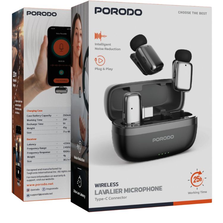 Porodo Wireless Lavalier Microphones with Type-C Connector, Noise Reduction, 33 Hours Working Time with Charging Case, 250mAh Case Battery Capacity, <22ms Latency, Plug & Play - Black