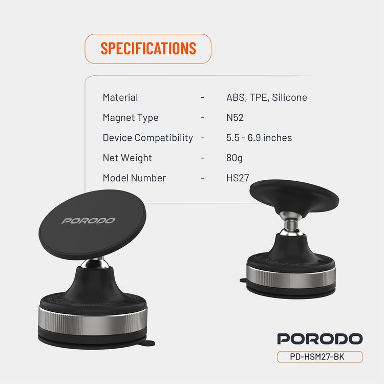 Porodo Vacuseal Smart Suction Magnetic Phone Mount with Adjustable Viewing Angle, N52 Magnets, 5.5" to 6.9" Device Compatibility, Strong Suction - Black