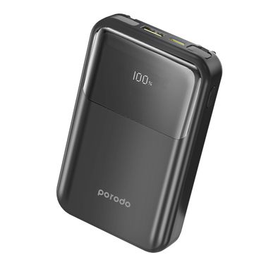 Porodo Power Bank Built-In Removable Cables , Quick Charge & Compact, 10000 mAh - Black 
