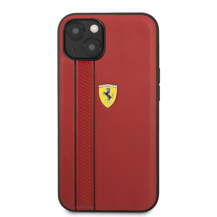 CG MOBILE Ferrari Genuine Leather Hard Case with Debossed Stripes Compatible for iPhone 13 (6.1") Shock & Scratches Resistant, Easy Access to All Ports