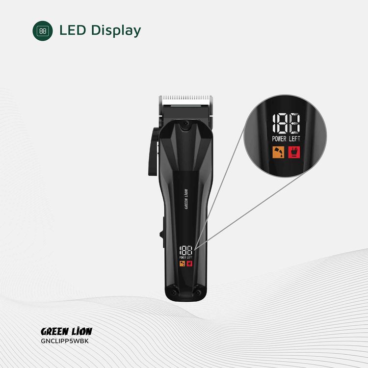 ماكينة قص الشعر الاحترافية جرين ليون كليب برو مع ذراع التحكم بالمخروط و شاشة LED، وقت عمل يصل إلى 3 ساعات، وظائف سلكية و لاسلكية، قوة 6000 دورة في الدقيقة، شفرة من الفولاذ المقاوم للصدأ، سعة بطارية 2000 مللي أمبير، تشمل أحجام الأمشاط: 1.5، 3، 6، 10، 13، 16، 19 مم - لون أسود