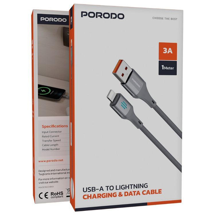 Porodo USB-A to Lightning Charging & Data Cable with 3A Rated Current, 480Mbps Data Transfer Rate, 1m Cable Length, Durable Braided Material, Tangle-Free, Optimal Charging, Enhanced Durability - Gray