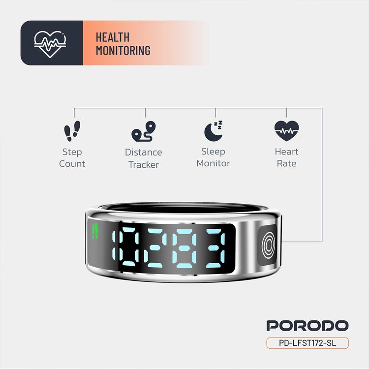 Porodo FitSync Smart Ring with Digital Display with Touch Scroll Function in Small Size 7, Up to 4 Days Active Use Time, 96KB Ram & 128KB ROM, Camera Gesture Control, Activity Tracking & 128 Sport Modes - Silver