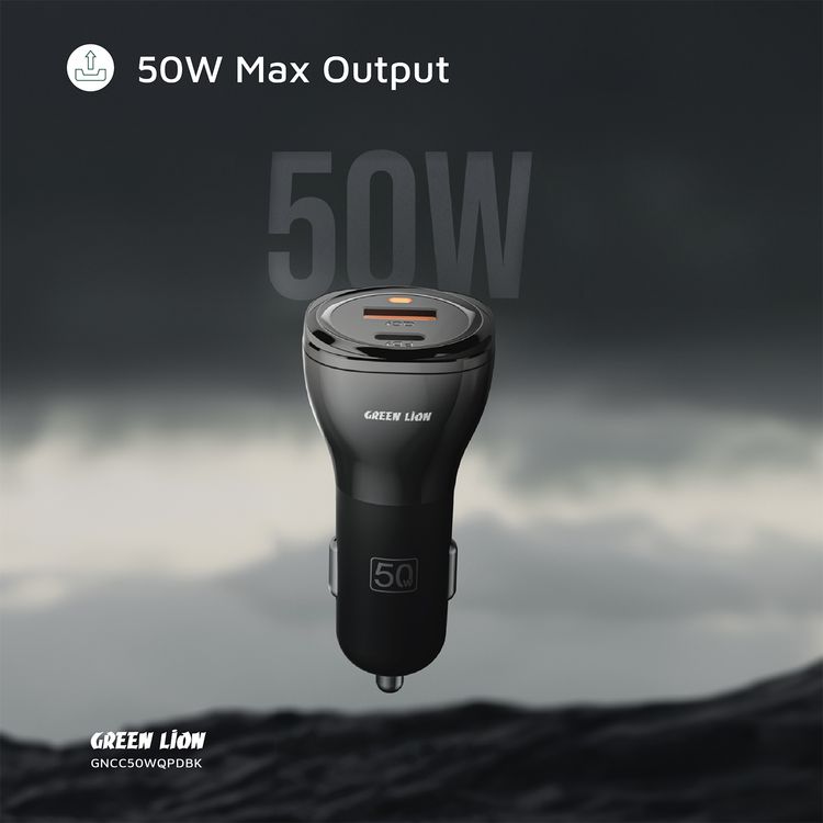 Green Lion Dual Port Car Charger with PC Flame Retardant Material, Fast Charging, QC 20W & PD 30W Output Ports, Ultra Portable - Black