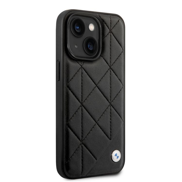 BMW Signature Collection Genuine Leather Case with Hot Stamp Lines, iPhone 14 Plus Compatibility - Black