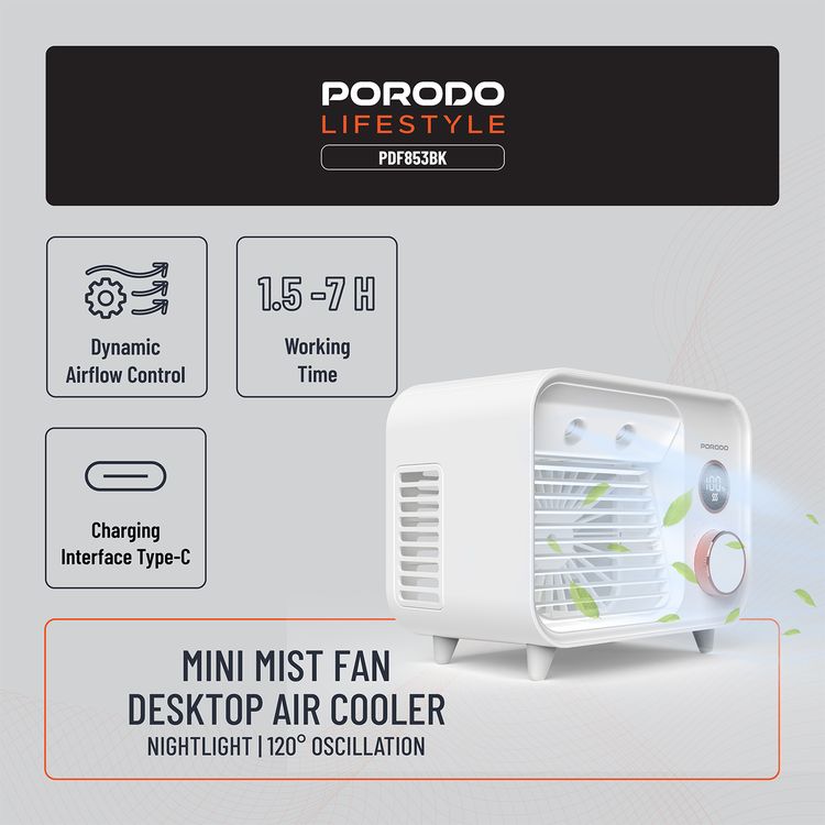 Porodo Mini Mist Fan Desktop Air Cooler with LED Display & Knob Control, 250mL Tank Capacity, 2000mAh Battery, 7.4W Rated Power, Up to 7 Hours Working Time, USB-C Charging Port, 5 Speed levels, Instant Cooling Mist - White