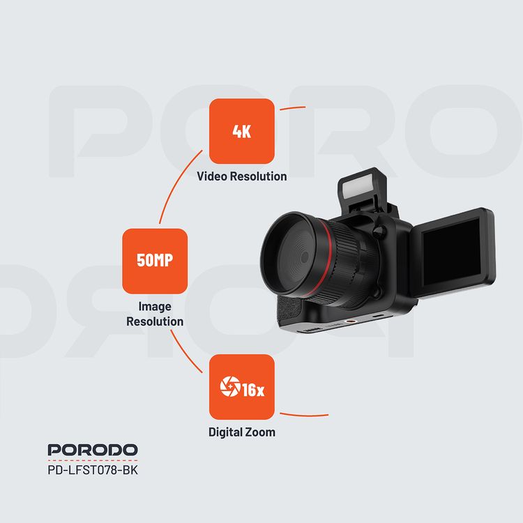 Porodo Lifestyle Mini Digital Camera with 64GB Memory Card, 650mAh Battery Capacity, 180° Flip Screen, 3 Hours Working Time, 2.2" Screen, 16× Zoom, 4K Video, 2.5 Hours Charging Time - Balck 