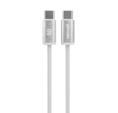 Porodo Woven Braided USB-C to USB-C Cable for Charging & Data Transferring, Aluminum Shell, 60W Power Delivery, High-Grade Components, Fast Charge, Tangle Free, More than 15000 Bends, 1.2m Cable Length - White