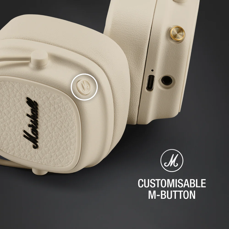 سماعات رأس لاسلكية مارشال ميجور في بتصميم متين وقابل للطي، شحن لاسلكي، مدة شحن تصل إلى 3 ساعات، زر M قابل للتخصيص، بلوتوث الإصدار 5.3، مدة تشغيل تصل إلى 100 ساعة - كريمي
