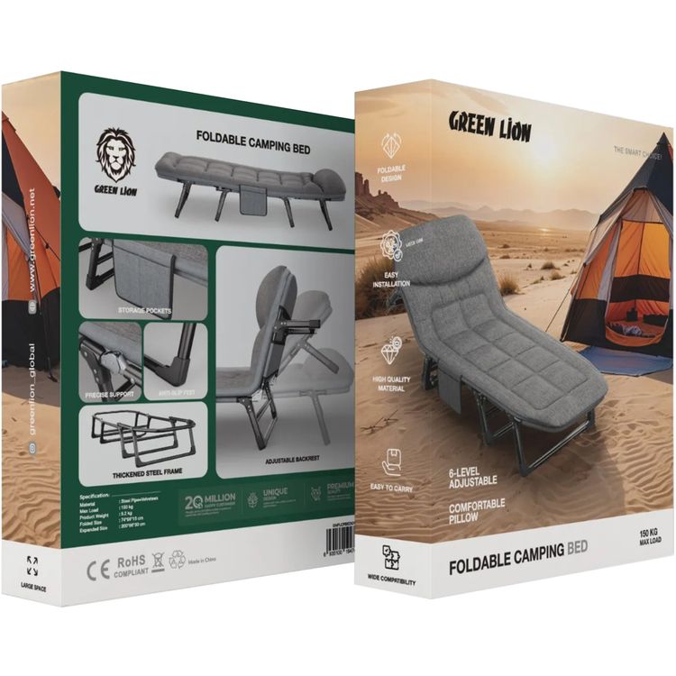 Green Lion Foldable Camping Bed, Up to 150kg Load Capacity, 6 Adjustable Backrest, Anti-Slip Feet, Comfortable Pillow, Easy Installation & Easy to Carry, Thickened Steel Frame - Gray