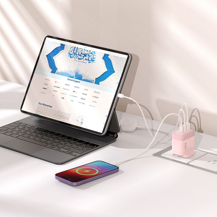 Powerology Lunex Series 3-Port Fast Charging Adapter with UK 3-Pin Power Plug, 65W PD USB-C Output, 22.5W QC USB-A Output, Multi-Device Charging, Powerful Laptop Charging, Universal Protocol Support - Pink