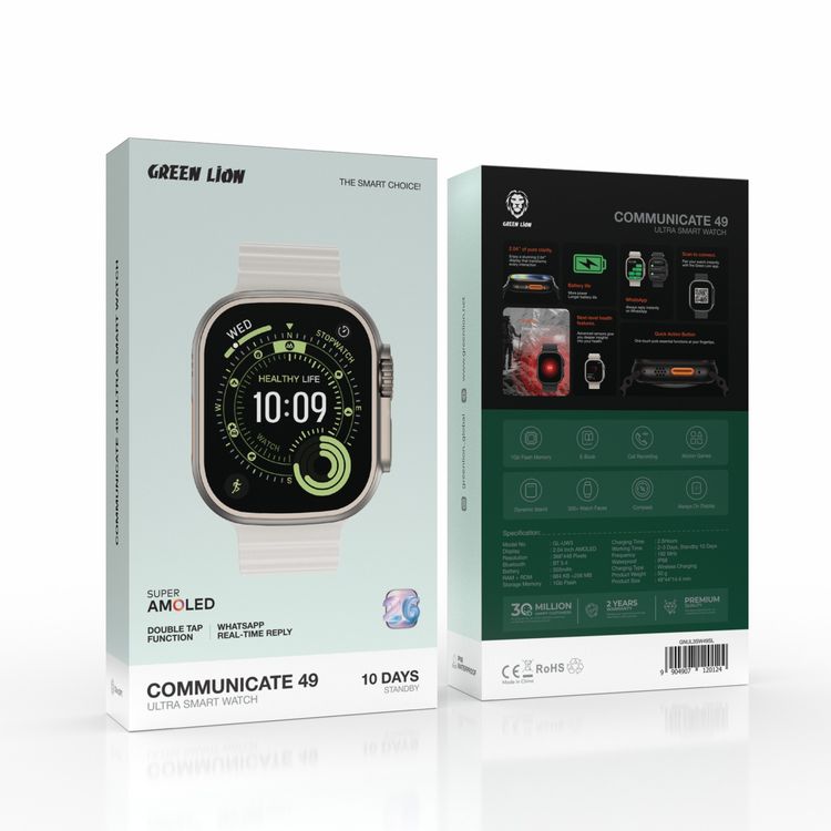 Green Lion Communicate 49mm Ultra Smart Watch with 2.04” AMOLED Display, 350mAh Battery Capacity, 2-3 Days Working Time, 10 Days Standby, Bluetooth V5.4, 1GB Flash Storage, 3 ATM Waterproof, Wireless Charging, Double Tap Function, Dynamic Island, Always-On Display, 500+ Watch Faces - Silver