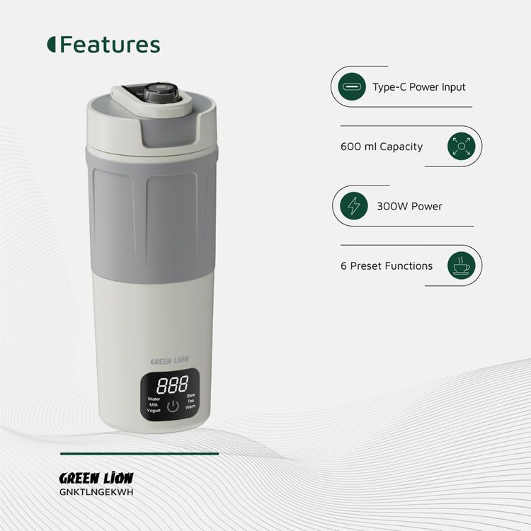 Green Lion Kettle & Go 600mL Electric Kettle with 300W Power, 6 Preset Functions, Type-C Power Input, 7-8 Minutes Heating Time, PP & Stainless Steel 304 Material, Touch Control, Auto Shut Off, Keep Warm Mode - White