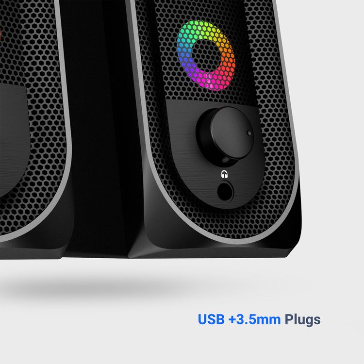 Porodo Gaming Stereo Speakers with RGB Light Effects, USB-A & 3.5mm Plugs, Volume Control Knob, 10W RMS Output, 1.2m Cable Length, Lightning Touch Sensor - Black