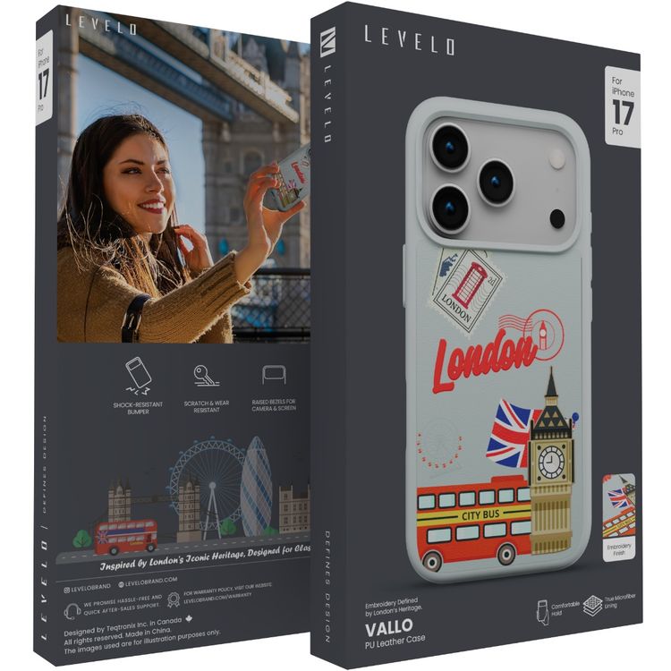 Levelo Vallo PU Leather Case for iPhone 17 Pro with Embroidery London Finish, Comfortable Hold, Durable PU Leather, Raised Bezels for Camera and Screen, True Microfiber Interior Lining, Scratch & Wear Resistant, Shock-Resistant Bumper - Brushed Silver