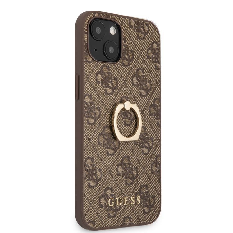 CG MOBILE Guess PU Leather 4G Case with 360° Rotating Ring Grip Holder Stand Compatible for iPhone 13 Mini (5.4") Suitable with Wireless Charging Officially Licensed - Brown