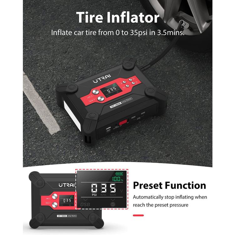 UTRAI Jstar 6, 24000mAh 1800A Jump Starter With Air Compressor, 12V Jump Start Output, Max 120 PSI Air Compressor