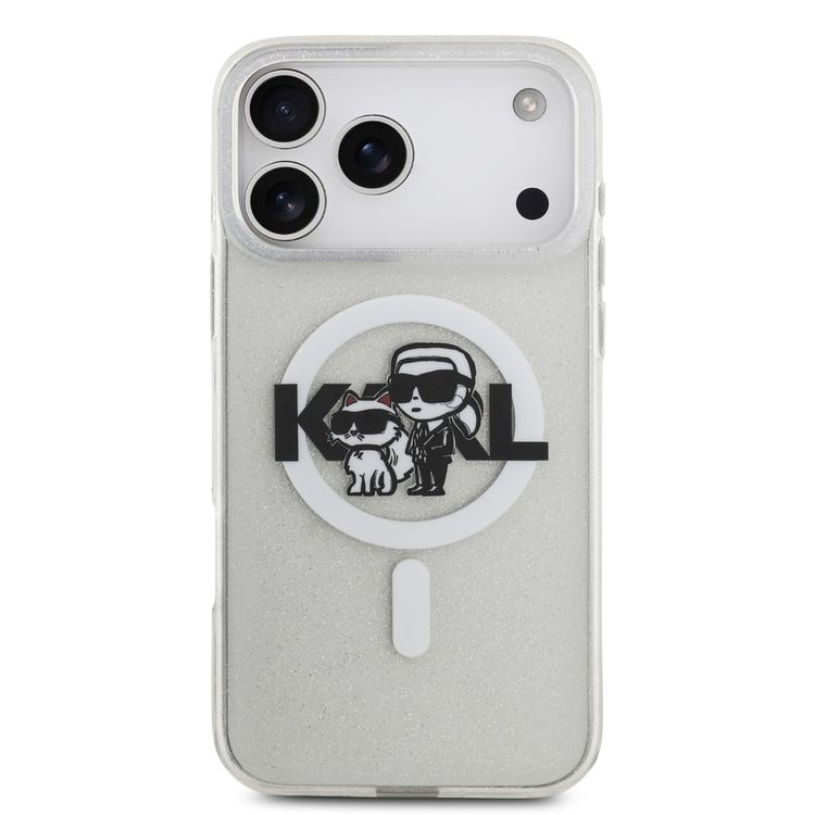 غطاء Karl Lagerfeld MagSafe IML Glitter مع رؤوس Karl & Choupette لهاتف iPhone 17 Pro Max، حماية من الصدمات، تصميم نحيف وخفيف الوزن، تثبيت سهل، قبضة مريحة، تغليف مستدام - شفاف