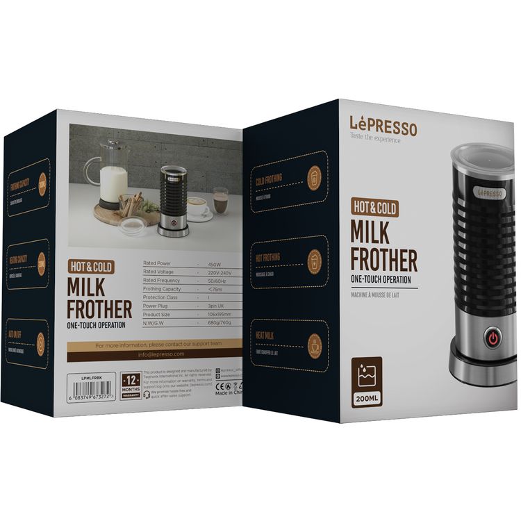 LePresso Hot & Cold Milk Frother, Portable & Lightweight Design, 110mL Frothing Capacity, 200mL Regular Heating Capacity, Safe & Reliable, One-Touch Operation, Non-Stick Material - Black